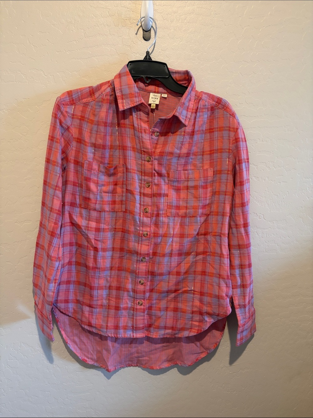Anthropologie Coral and Lavender Plaid Button-Down Shirt